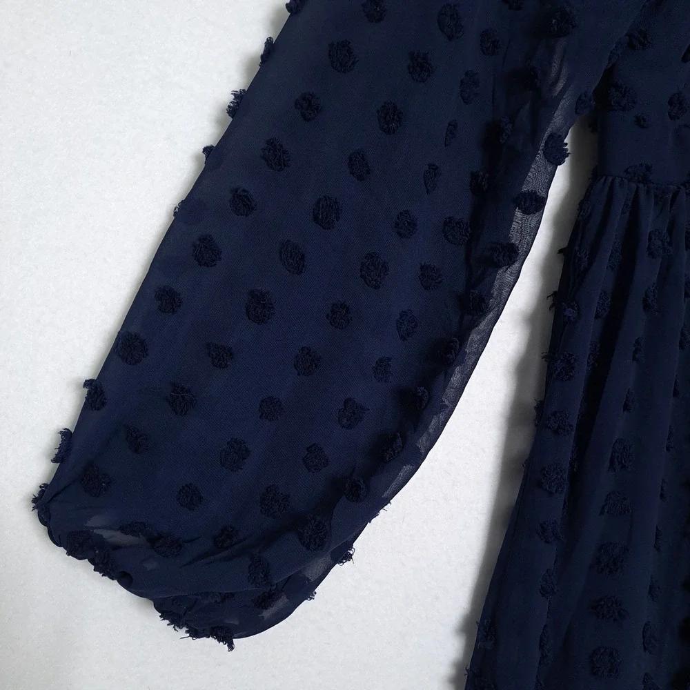 Verte Mini Dress L Navy Blue Clip Dot Tie Front Ruffle Sheer Balloon Sleeve Boho